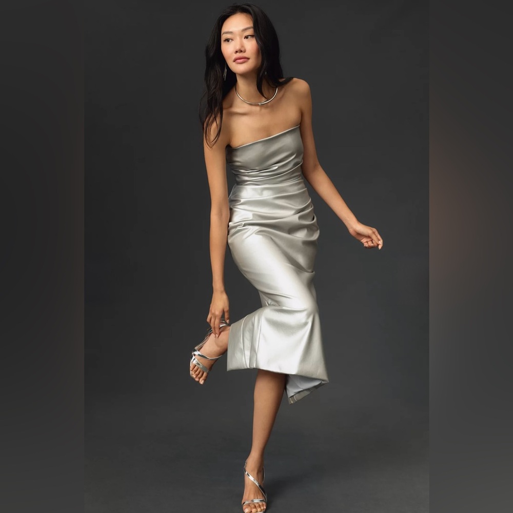 Faux Leather Strapless Slim Midi Silver Column Rucched Dress Flattering Fit Sz 8